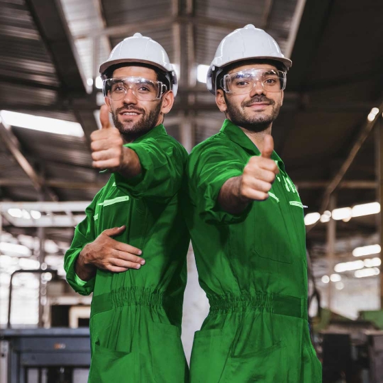 Two guys in overalls with helmets