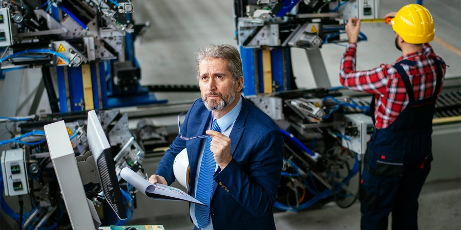 man holding a clipboard near heavy machinery