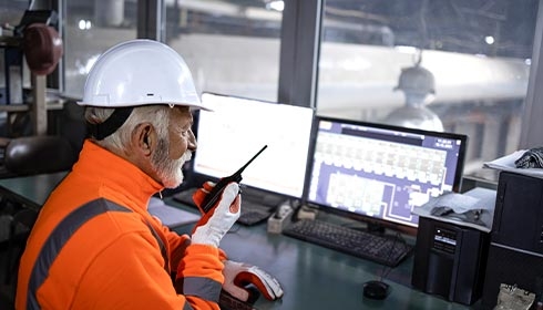 A person in a hard hat using a walkie talkie