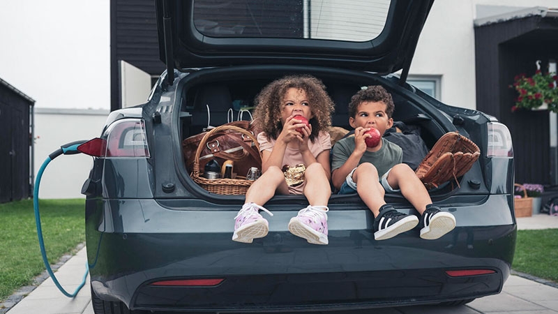 Two kids eating apple while sitting in the back of their car