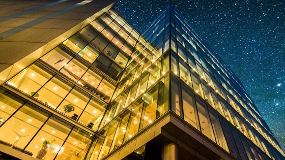 low-angle view of a high-rise building with glass exterior