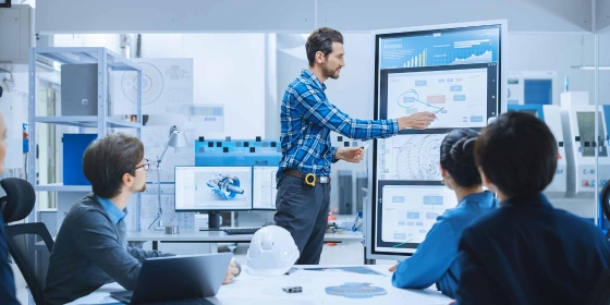 An employee explaining his presentation on screen in a meeting