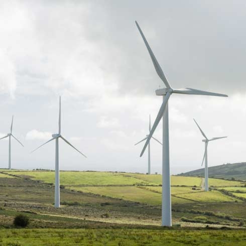 Imagem de um parque de turbinas eólicas na Irlanda.