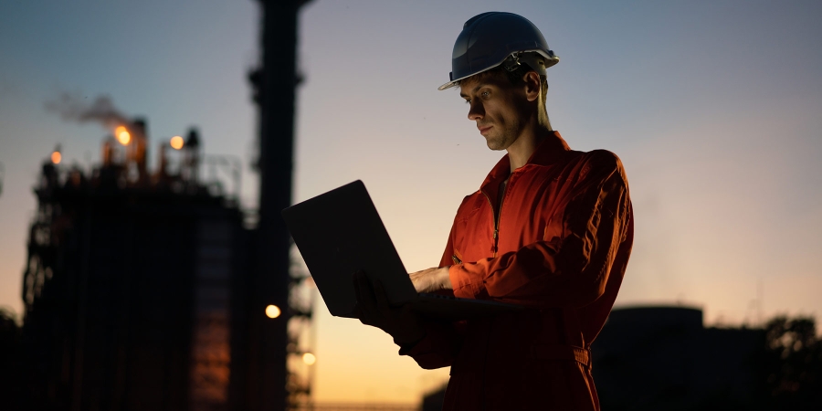 man working on laptop in front of oil and gas industry