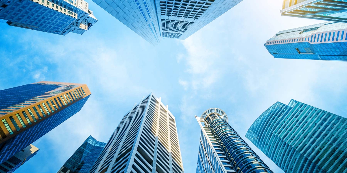 low angle view of modern skyscrapers in singapore city