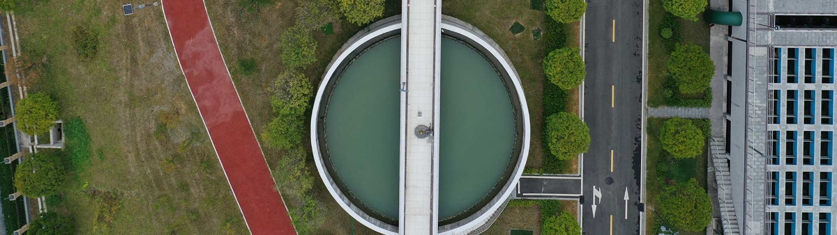 Top aerial view of a water treatment plant