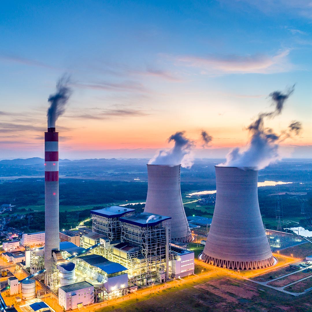 Nuclear power station with the word growth superimposed 