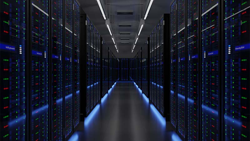 A long hallway with rows of servers