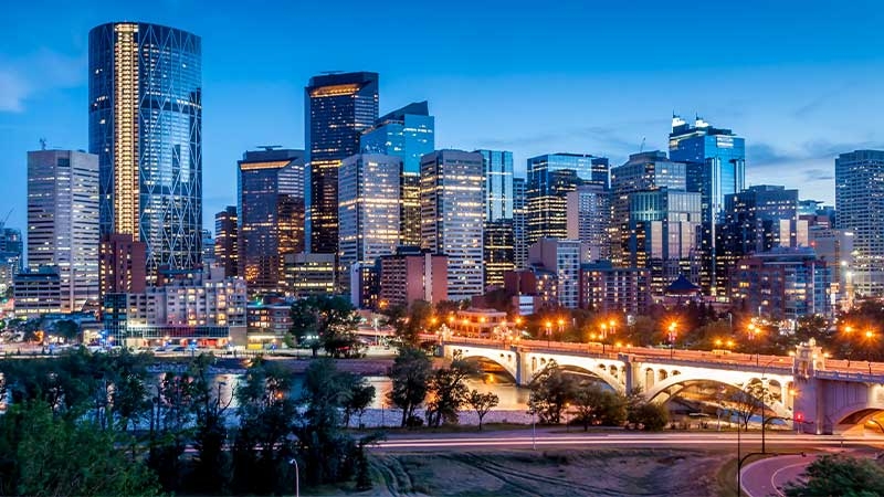 A city skyline with a bridge and trees