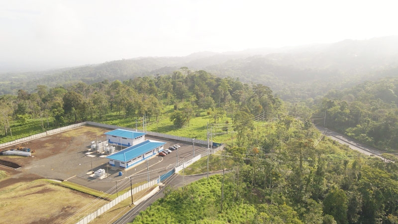 Aerial view of the Coopelesca electrical substation located among the cloud forest, in San Carlos, Costa Rica.