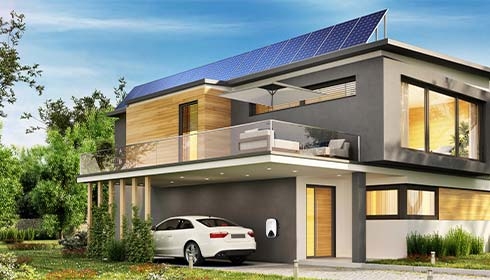 A house with a car parked in front of it