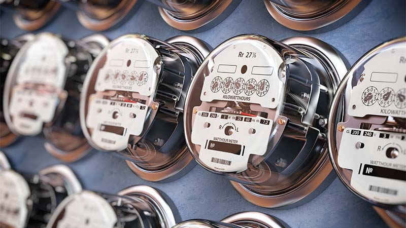 Close-up of a row of electric meters