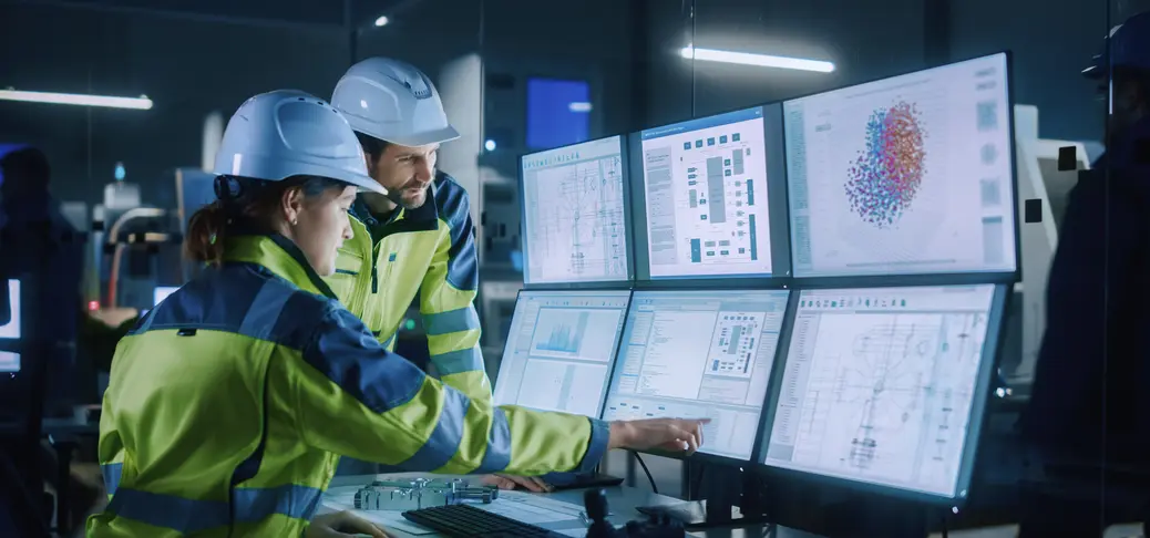 A person and person wearing hard hats looking at a computer screen