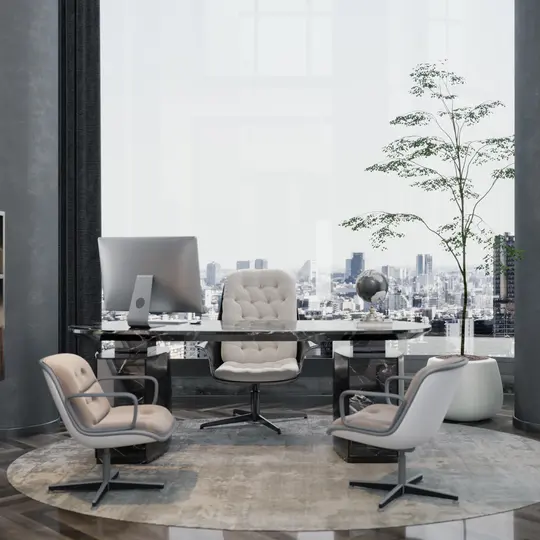 A room with a desk and chairs
