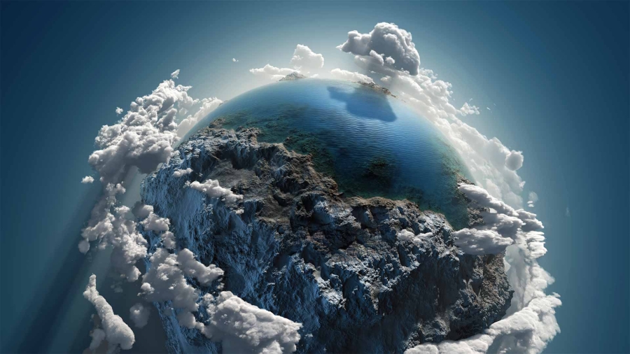 A planet with clouds and blue sky