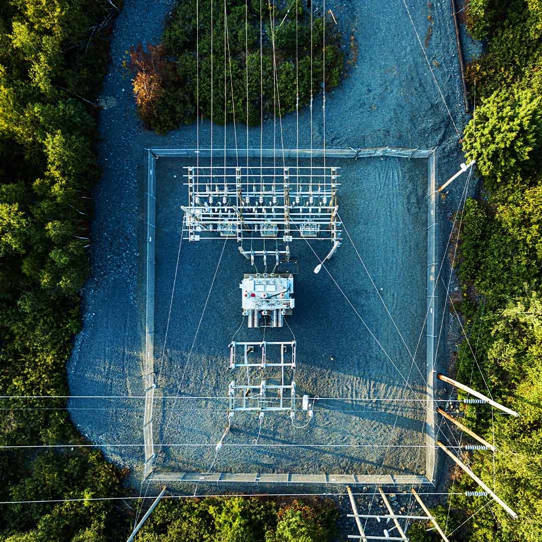 An aerial view of a power line