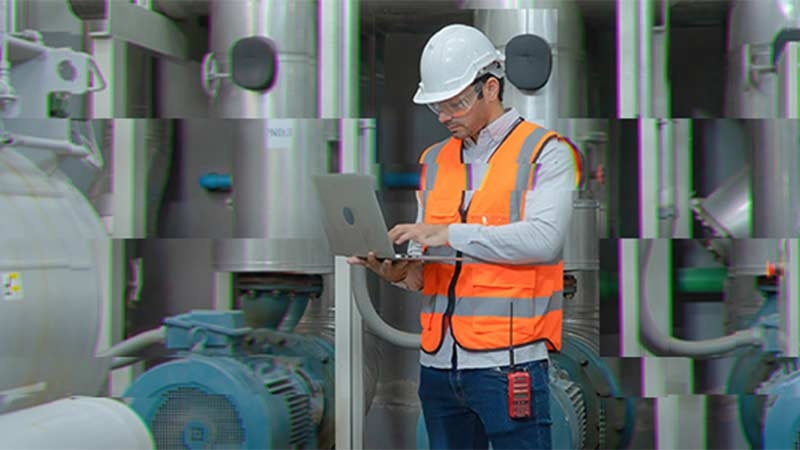 A person in a hard hat and orange vest using a computer