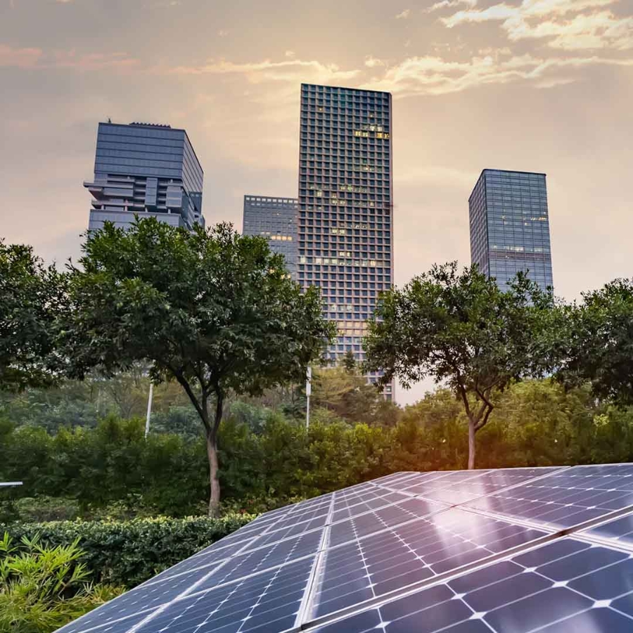 Solar panels with building in the background