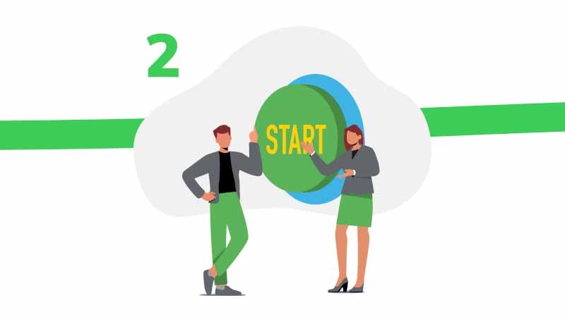 Illustration Two people in front of a start button