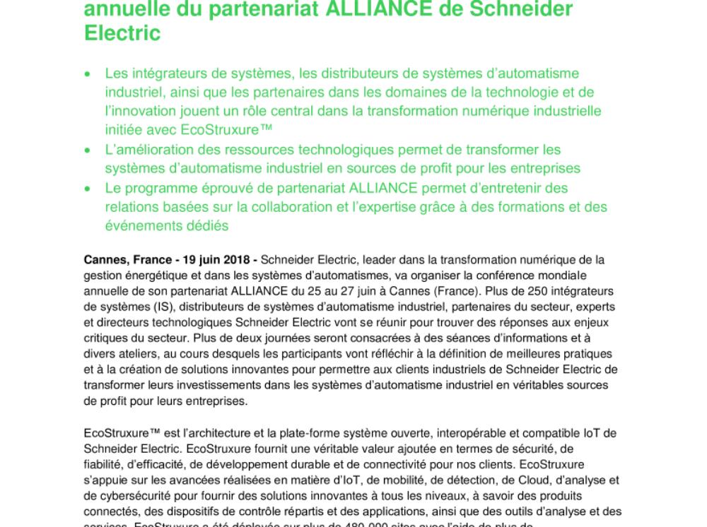 L’Internet des Objets Industriels (IIoT) et l’économie numérique au cœur de la conférence mondiale annuelle du partenariat ALLIANCE de Schneider Electric (.pdf, Communiqué)