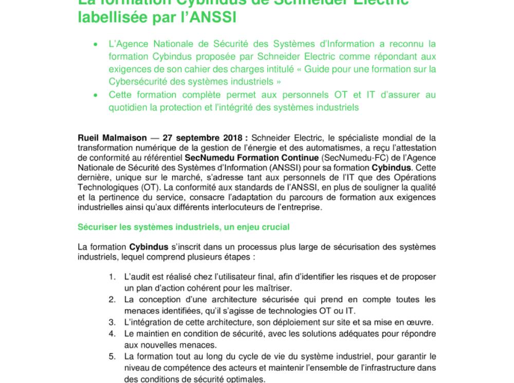 La formation Cybindus de Schneider Electric labellisée par l’ANSSI (.pdf, Communiqué)