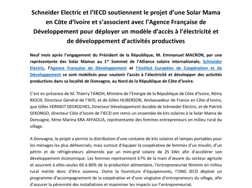 Schneider Electric et l’IECD soutiennent le projet d’une Solar Mama en Côte d’Ivoire et s’associent avec l’Agence Française de Développement pour déployer un modèle d’accès à l’électricité et de développement d’activités productives (.pdf, Communiqué)