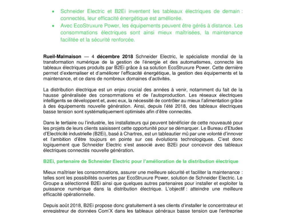 Schneider Electric choisit B2Ei pour connecter les tableaux électriques avec EcoStruxure™ Power (.pdf, Communiqué)