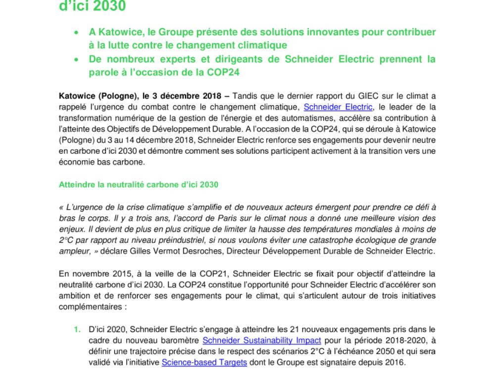 A l’occasion de la COP24, Schneider Electric renforce ses engagements pour atteindre la neutralité carbone d’ici 2030 (.pdf, Communiqué)