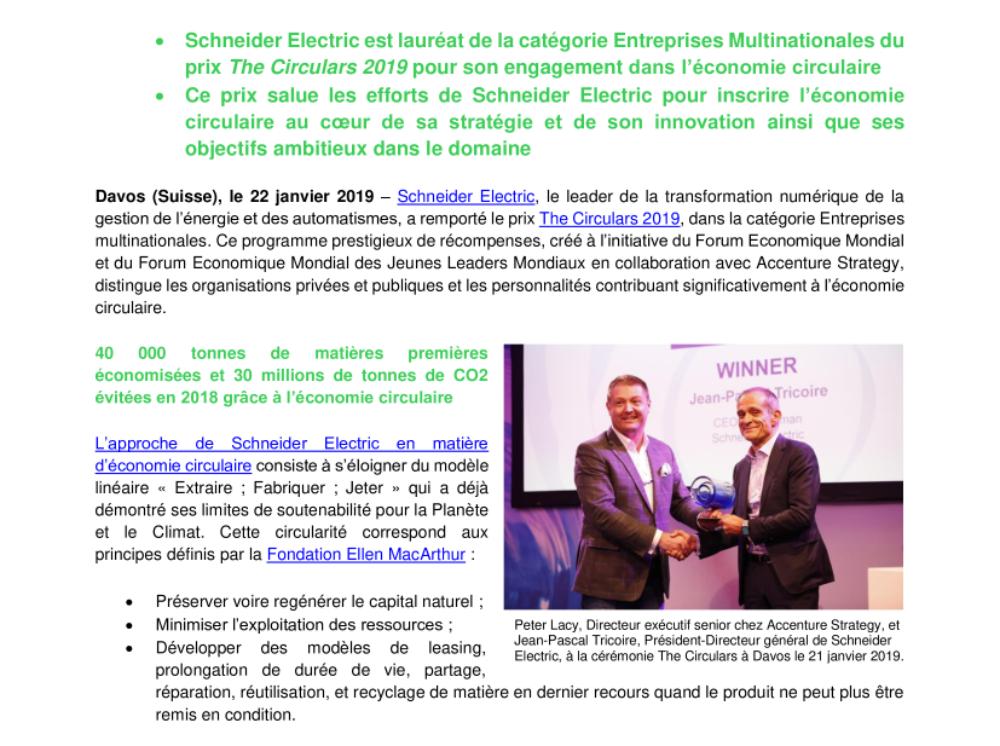 Schneider Electric distingué mondialement pour sa contribution à l’économie circulaire (.pdf, Communiqué)