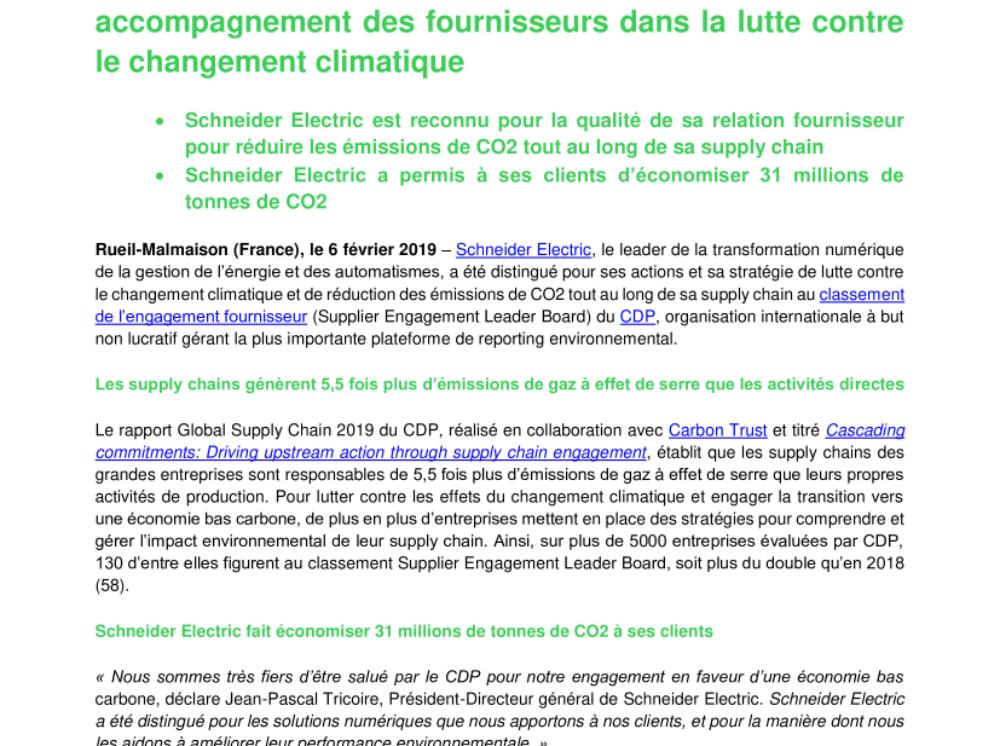 Schneider Electric distingué au classement de l’engagement fournisseur du CDP pour son accompagnement des fournisseurs dans la lutte contre le changement climatique (.pdf, Communiqué)