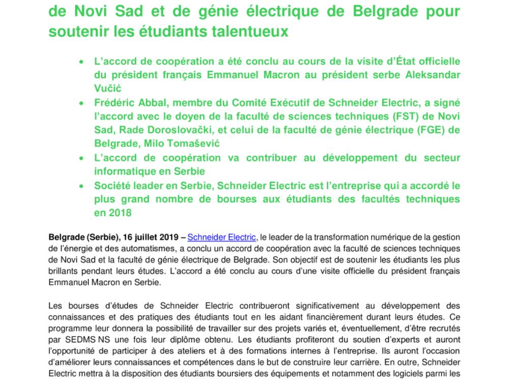 Schneider Electric DMS NS (SEDMS NS) signe un accord de coopération avec les facultés de sciences techniques de Novi Sad et de génie électrique de Belgrade pour soutenir les étudiants talentueux (.pdf, Communiqué)