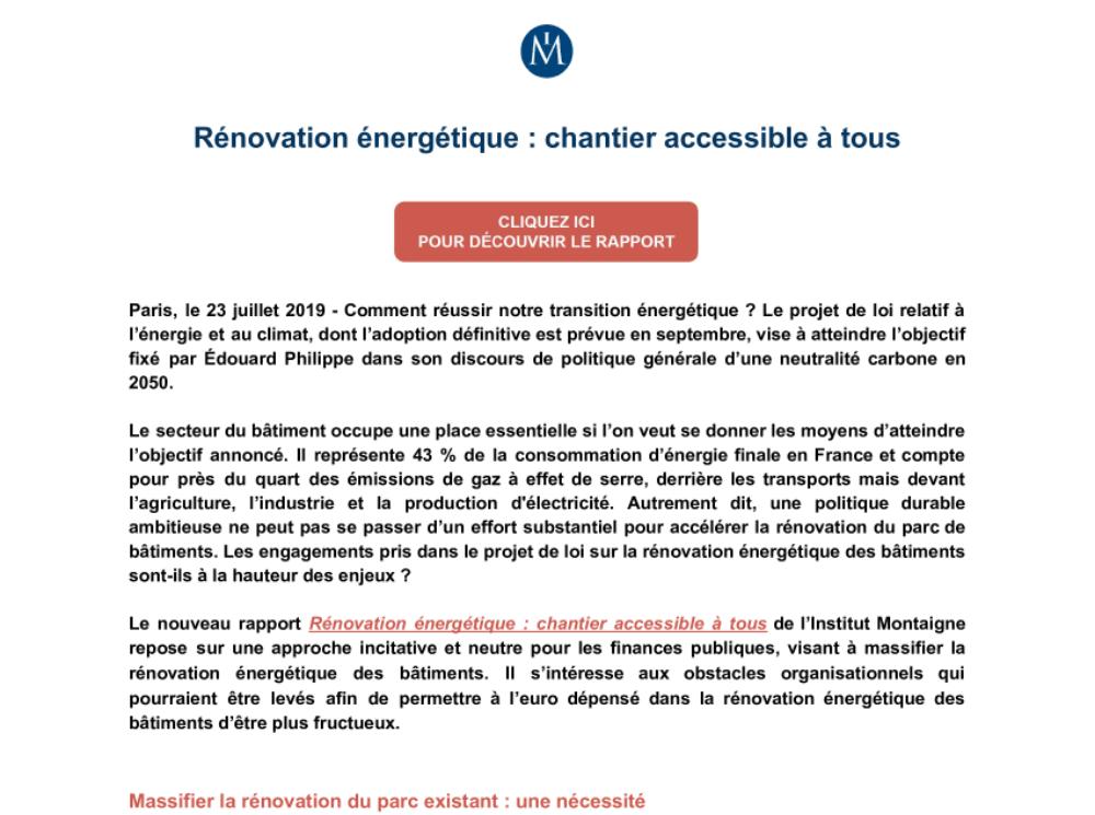 Institut Montaigne : Rénovation énergétique chantier accessible à tous ! (.pdf, Communiqué)