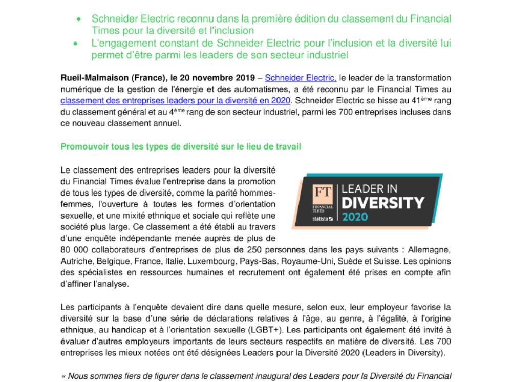 Schneider Electric parmi les 50 entreprises leaders pour la diversité par le Financial Times (.pdf, Communiqué)