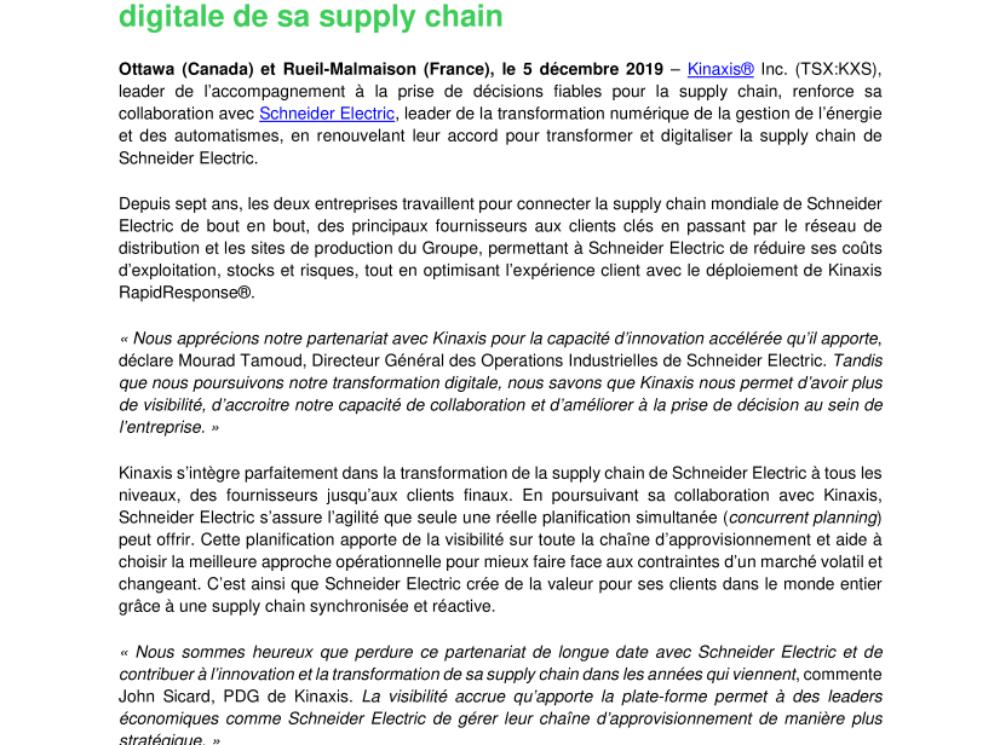 Kinaxis renforce sa collaboration avec Schneider Electric pour l’accompagner dans la transformation digitale de sa supply chain (.pdf, Communiqué)
