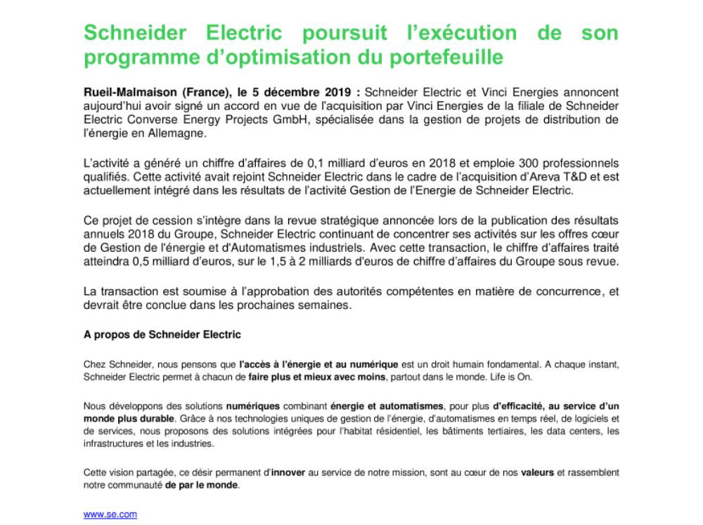Schneider Electric poursuit l’exécution de son programme d’optimisation du portefeuille (.pdf, Communiqué)