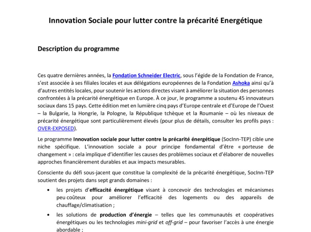 Description du programme « Innovation sociale pour lutter contre la précarité énergétique » (.pdf, documentation)