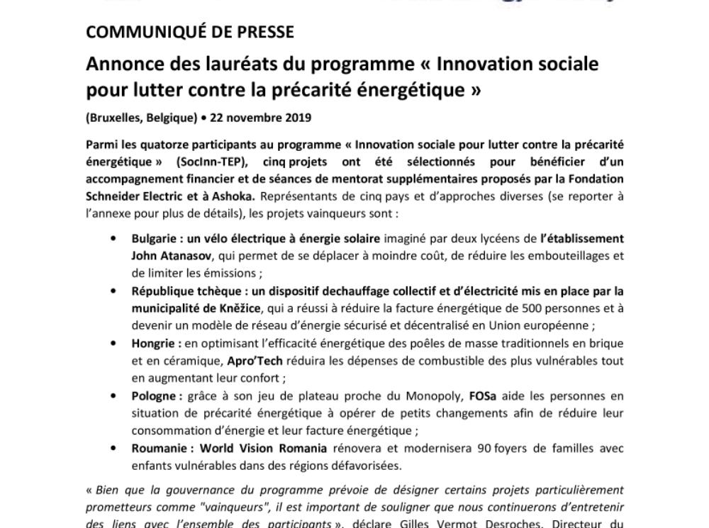 Annonces des lauréats du programme "Innovation sociale pour lutter contre la précarité énergétique (.pdf, Communiqué)