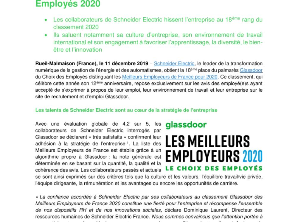 Schneider Electric parmi les Meilleurs Employeurs de France au palmarès Glassdoor du Choix des Employés 2020 (.pdf, Communiqué)