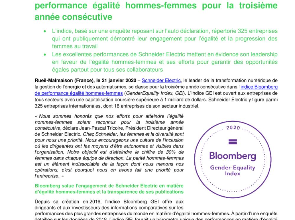 Schneider Electric figure dans l’indice Bloomberg de performance égalité hommes-femmes pour la troisième année consécutive  (.pdf, Communiqué)