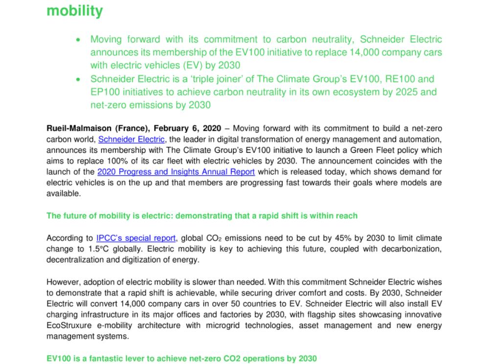 Schneider Electric rejoint l’initiative EV100 du Climate Group pour une flotte de véhicule verte afin d’accélérer le passage à la mobilité électrique (.pdf, Communiqué)