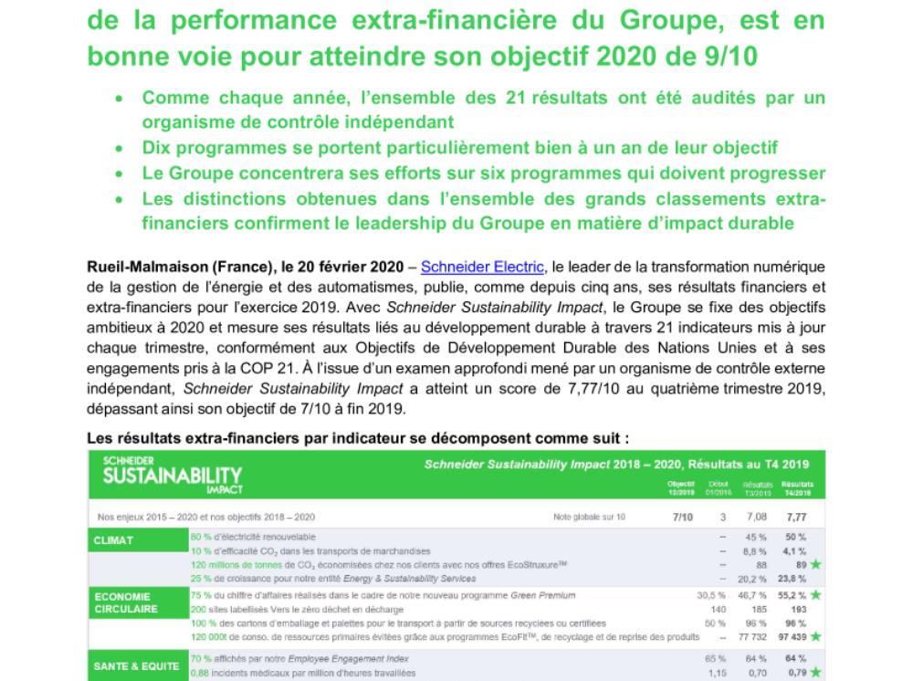 Avec un score de 7,77/10 au quatrième trimestre 2019,  Schneider Sustainability Impact 2018-2020, le baromètre de la performance extra-financière du Groupe, est en bonne voie pour atteindre son objectif 2020 de 9/10 (.pdf, Communiqué)