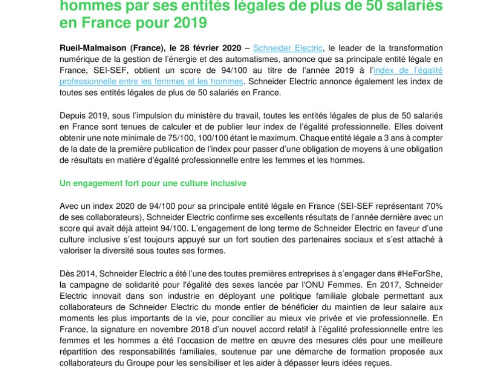 Schneider Electric publie les scores obtenus à l’Index de l’égalité professionnelle entre les femmes et les hommes par ses entités légales de plus de 50 salariés en France pour 2019 (.pdf, Actualité)