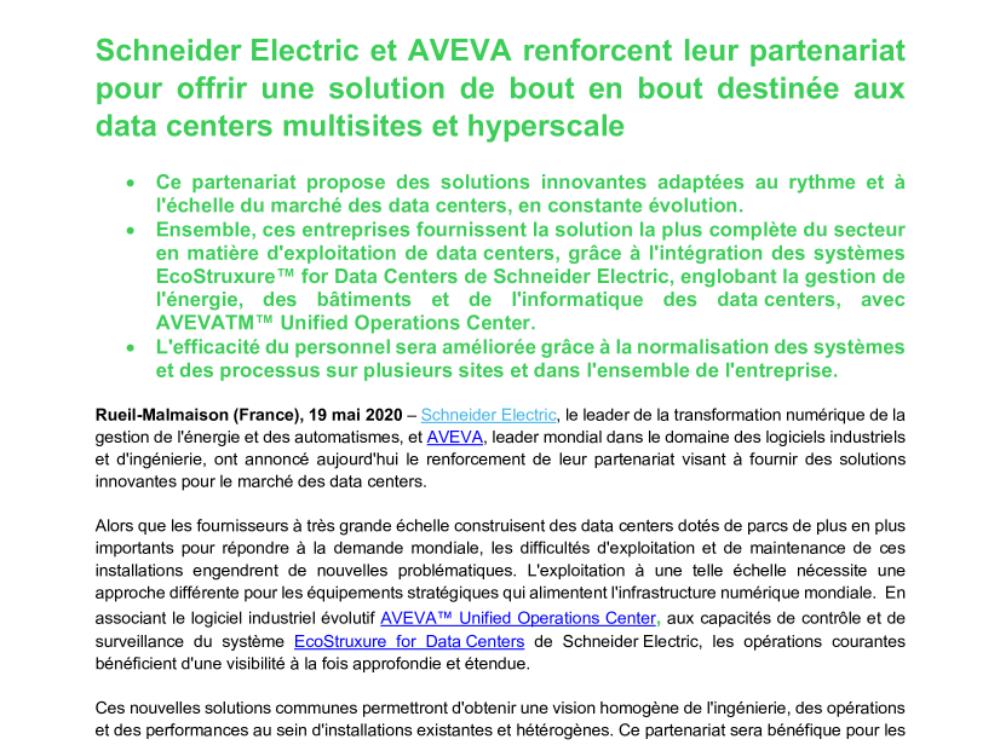 Schneider Electric et AVEVA renforcent leur partenariat pour offrir une solution de bout en bout destinée aux data centers multisites et hyperscale (.pdf, Communiqué)