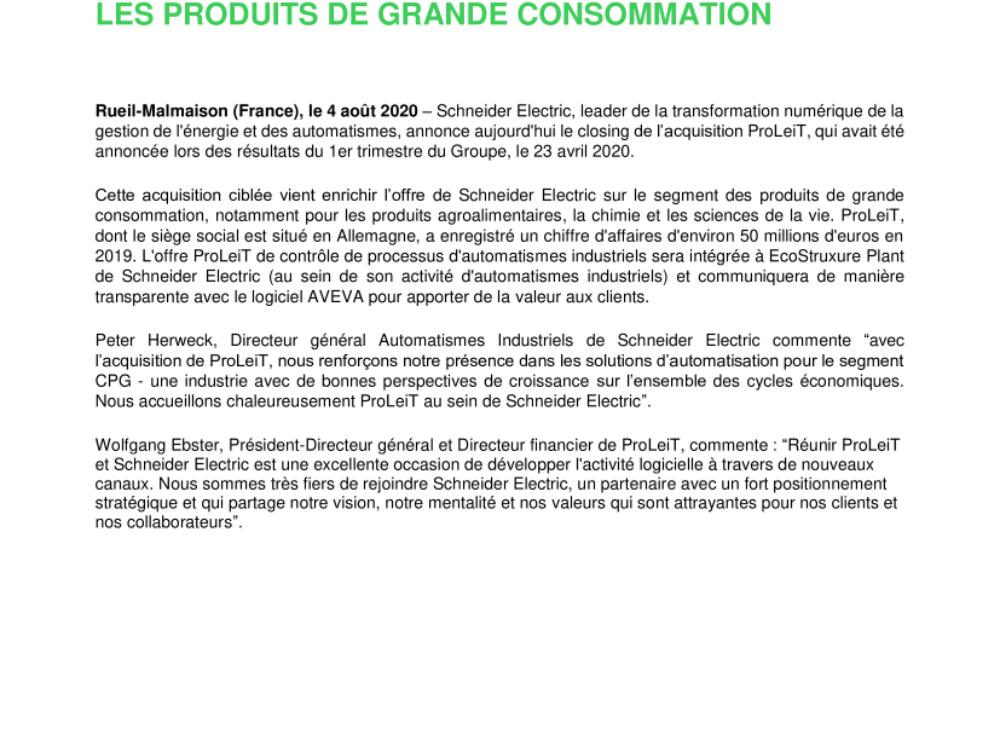 Schneider Electric finalise l’acquisition de ProLeiT, renforçant l’offre du Groupe sur les produits de grande consommation (.pdf, Communiqué)