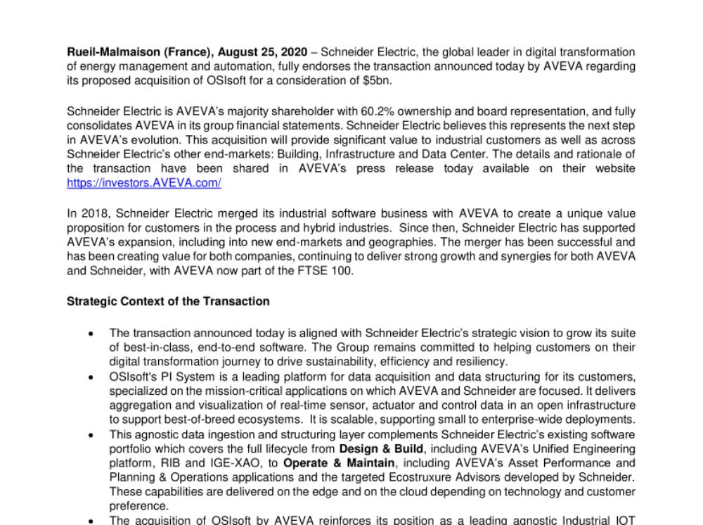 Schneider Electric fully endorses AVEVA’s proposed acquisition of OSIsoft (.pdf)