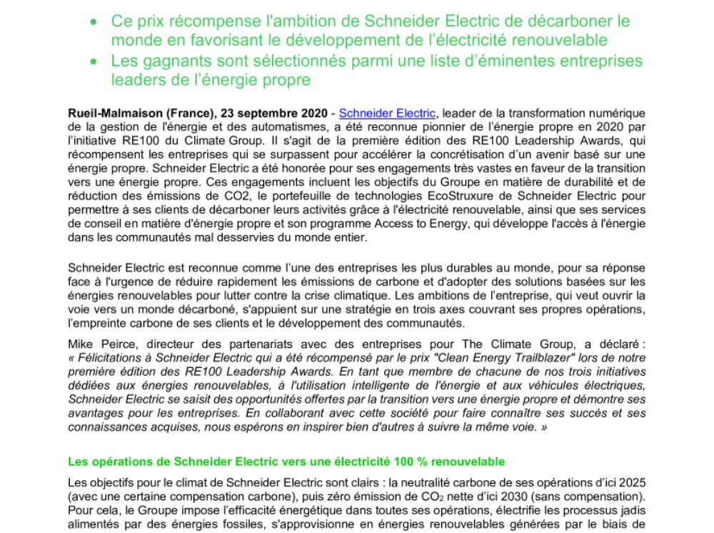Schneider Electric reconnu par le Climate Group's RE100 comme le premier pionnier de l'énergie propre  (.pdf, Communiqué)