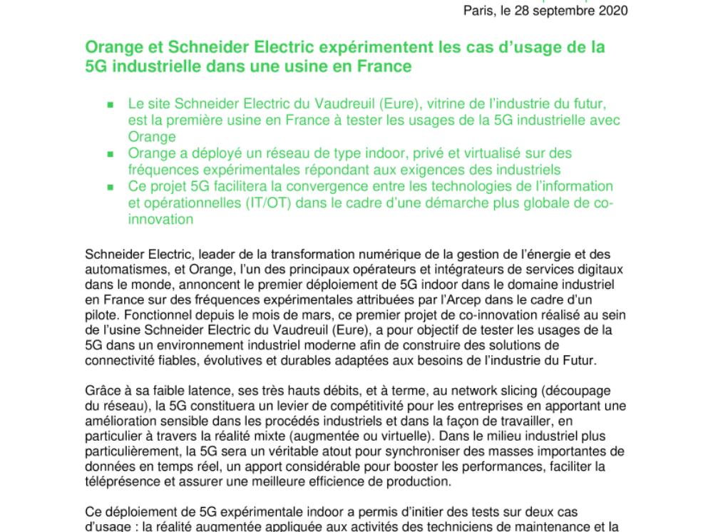 Orange et Schneider Electric expérimentent les cas d’usage de la 5G industrielle dans une usine en France (.pdf)