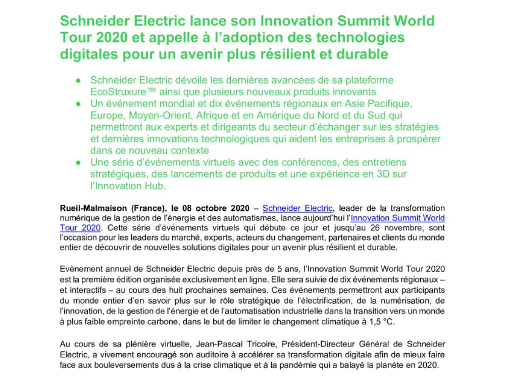 Schneider Electric lance son Innovation Summit World Tour 2020 et appelle à l’adoption des technologies digitales pour un avenir plus résilient et durable (.pdf, Communiqué)