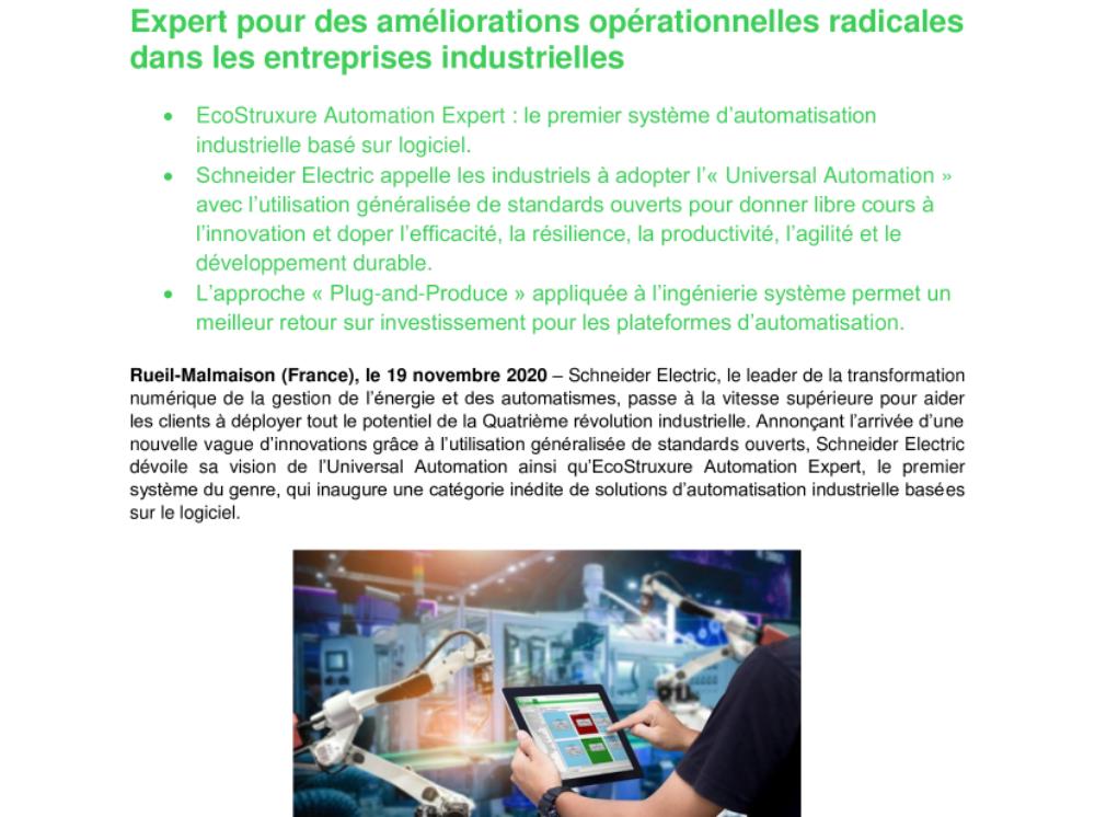 Schneider Electric dévoile EcoStruxure™ Automation Expert pour des améliorations opérationnelles radicales dans les entreprises industrielles (.pdf; Communiqué)