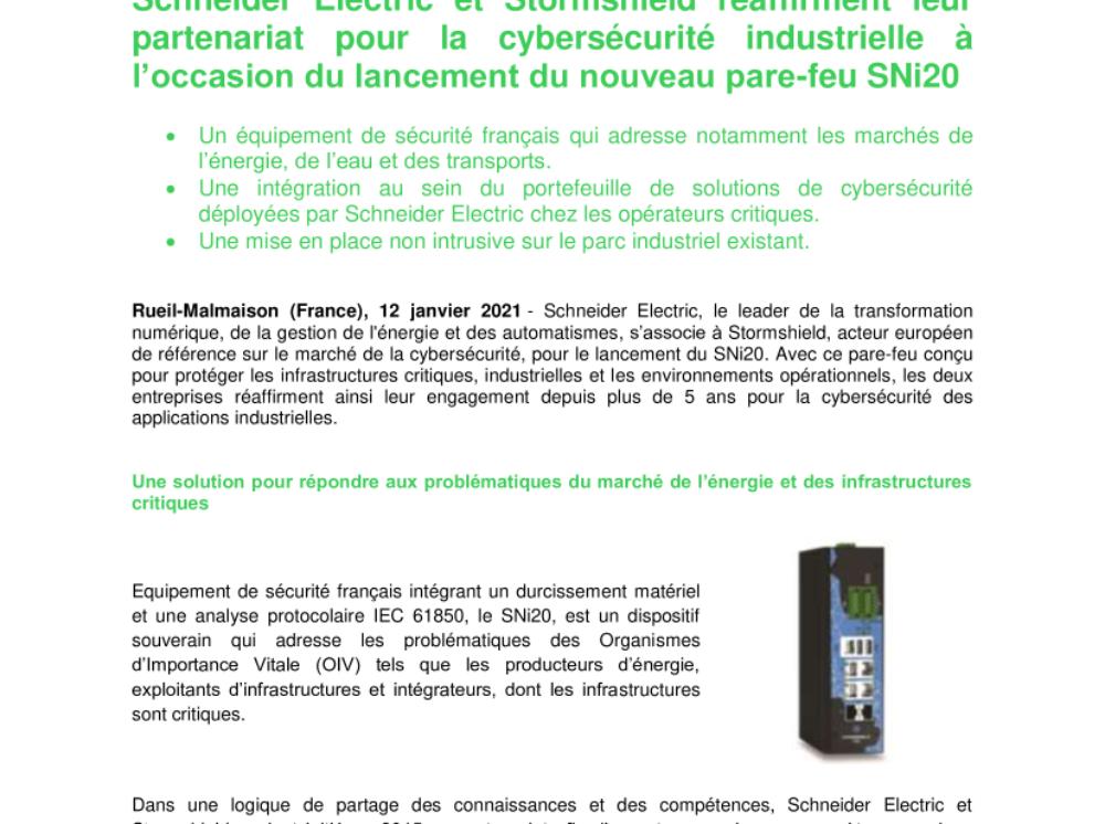 Schneider Electric et Stormshield réaffirment leur partenariat pour la cybersécurité industrielle à l’occasion du lancement du nouveau pare-feu SNi20 (.pdf; Communiqué)